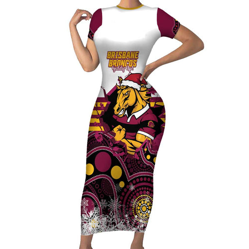 Custom Broncos Rugby Christmas Short Sleeve Bodycon Dress Brisbane Giddy Up Aboriginal Art - Aussie Hoodie