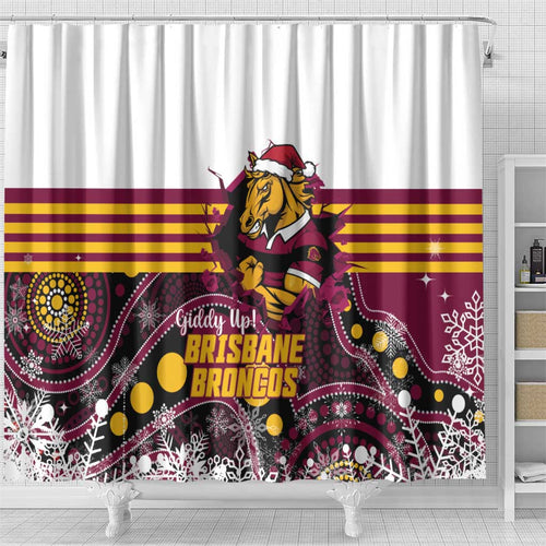 Broncos Rugby Christmas Shower Curtain Brisbane Giddy Up Aboriginal Art - Aussie Hoodie