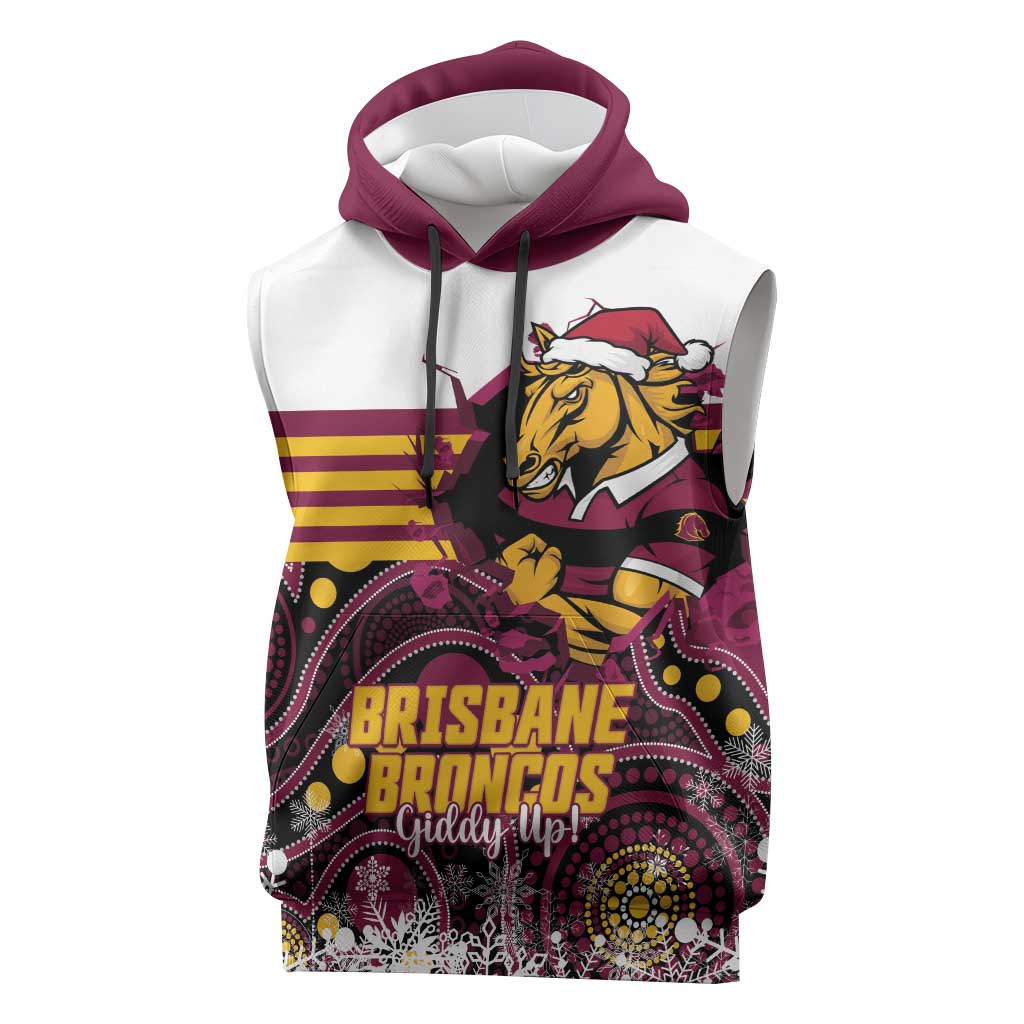 Custom Broncos Rugby Christmas Sleeveless Hoodie Brisbane Giddy Up Aboriginal Art - Aussie Hoodie