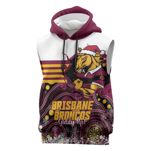 Custom Broncos Rugby Christmas Sleeveless Hoodie Brisbane Giddy Up Aboriginal Art - Aussie Hoodie