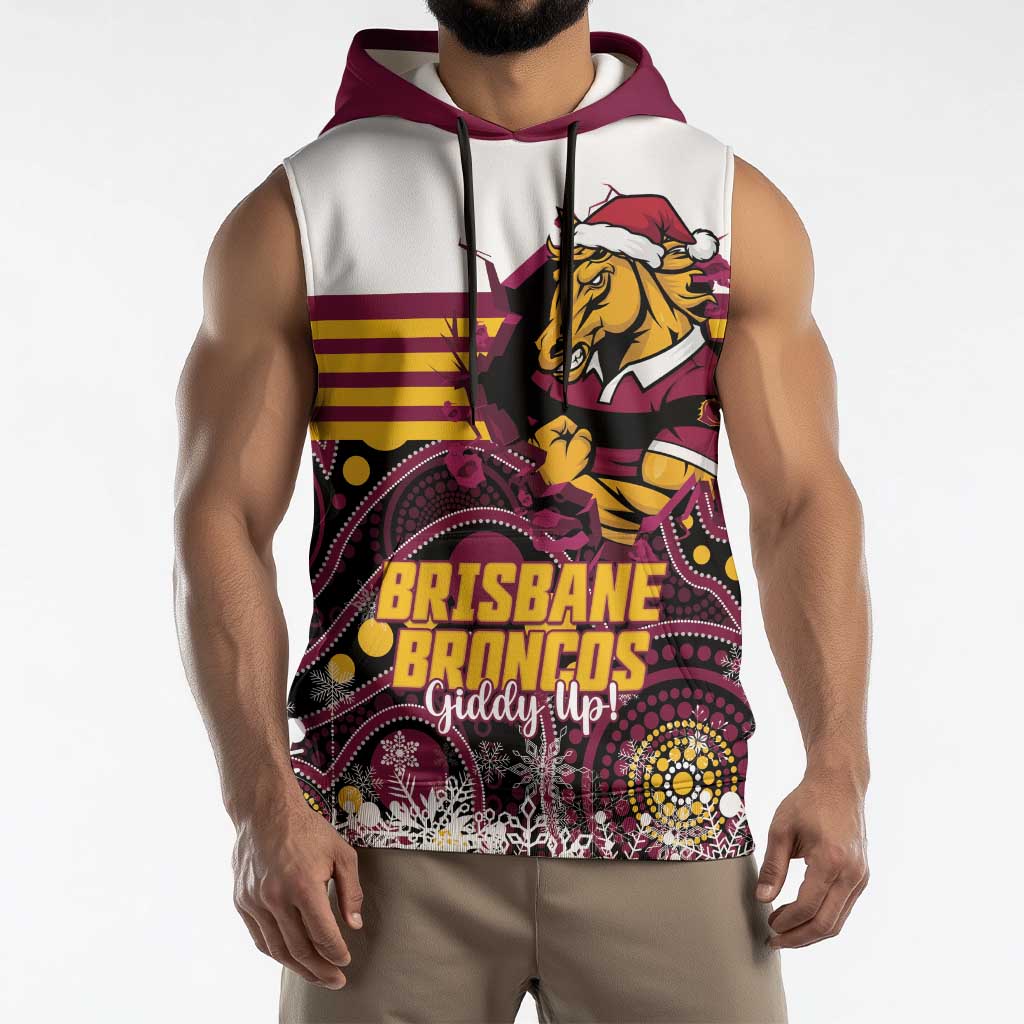Custom Broncos Rugby Christmas Sleeveless Hoodie Brisbane Giddy Up Aboriginal Art - Aussie Hoodie