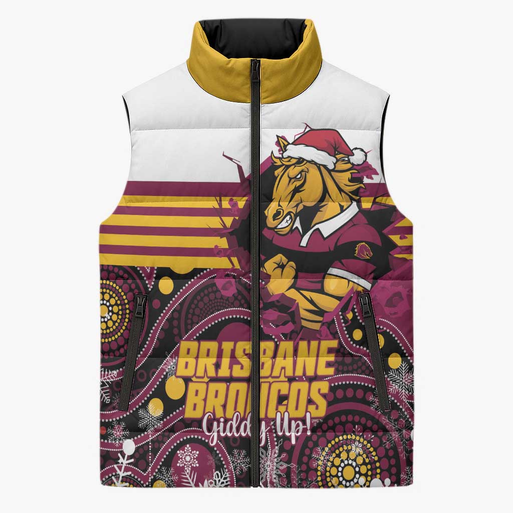 Custom Broncos Rugby Christmas Sleeveless Puffer Jacket Brisbane Giddy Up Aboriginal Art - Aussie Hoodie