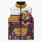 Custom Broncos Rugby Christmas Sleeveless Puffer Jacket Brisbane Giddy Up Aboriginal Art - Aussie Hoodie