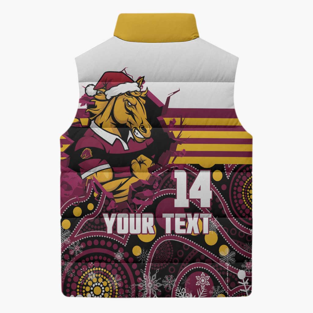 Custom Broncos Rugby Christmas Sleeveless Puffer Jacket Brisbane Giddy Up Aboriginal Art - Aussie Hoodie