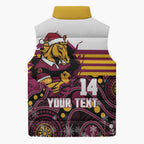Custom Broncos Rugby Christmas Sleeveless Puffer Jacket Brisbane Giddy Up Aboriginal Art - Aussie Hoodie