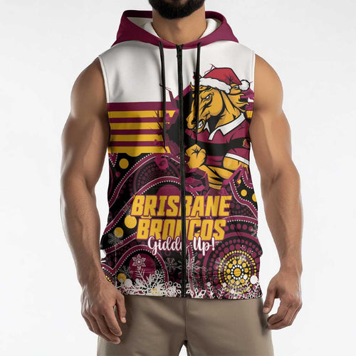 Custom Broncos Rugby Christmas Sleeveless Zip Hoodie Brisbane Giddy Up Aboriginal Art LT14