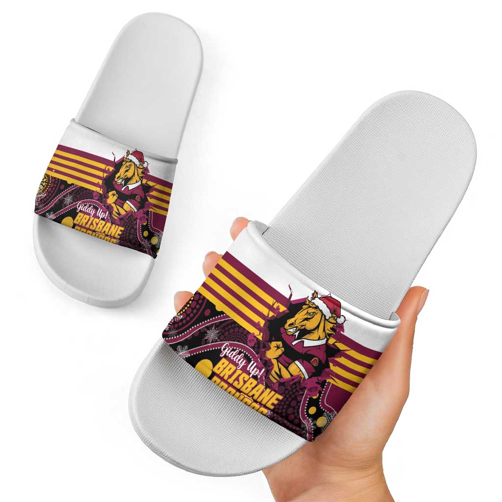 Broncos Rugby Christmas Slide Sandals Brisbane Giddy Up Aboriginal Art - Aussie Hoodie