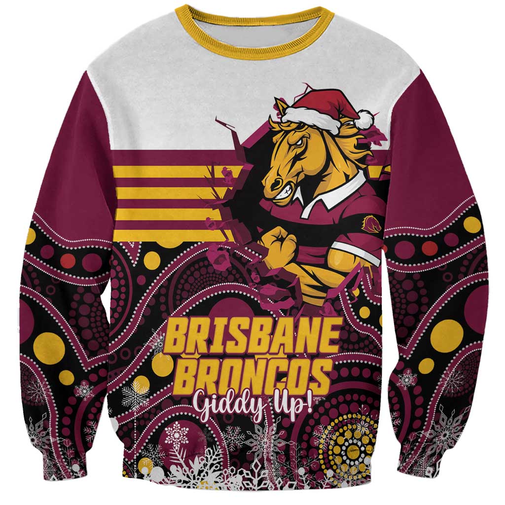 Custom Broncos Rugby Christmas Sweatshirt Brisbane Giddy Up Aboriginal Art - Aussie Hoodie