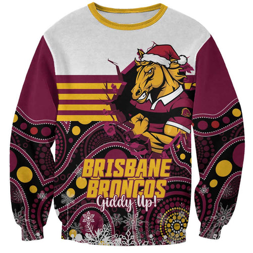 Custom Broncos Rugby Christmas Sweatshirt Brisbane Giddy Up Aboriginal Art - Aussie Hoodie