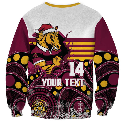 Custom Broncos Rugby Christmas Sweatshirt Brisbane Giddy Up Aboriginal Art - Aussie Hoodie