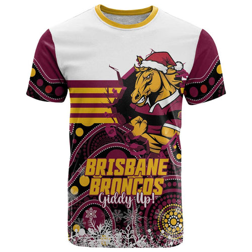 Custom Broncos Rugby Christmas T Shirt Brisbane Giddy Up Aboriginal Art - Aussie Hoodie