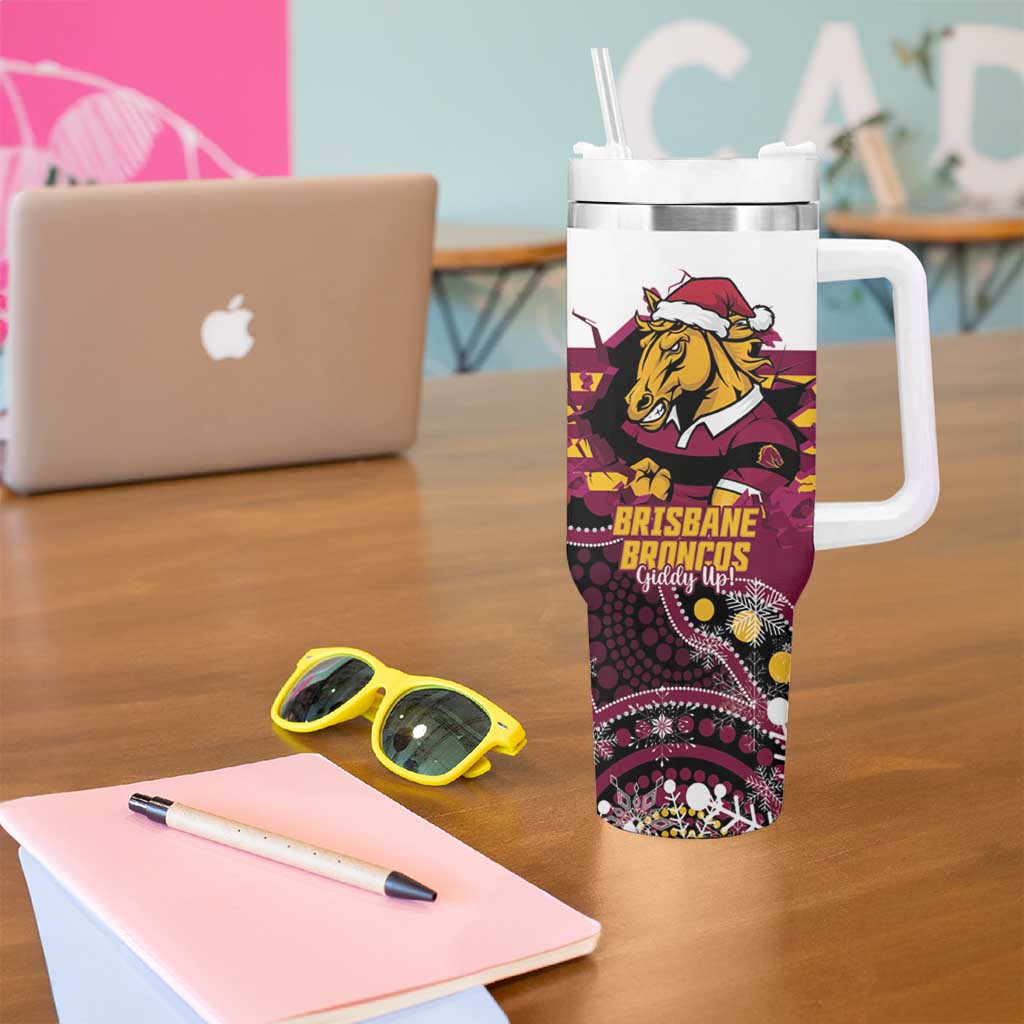 Custom Broncos Rugby Christmas Tumbler With Handle Brisbane Giddy Up Aboriginal Art - Aussie Hoodie