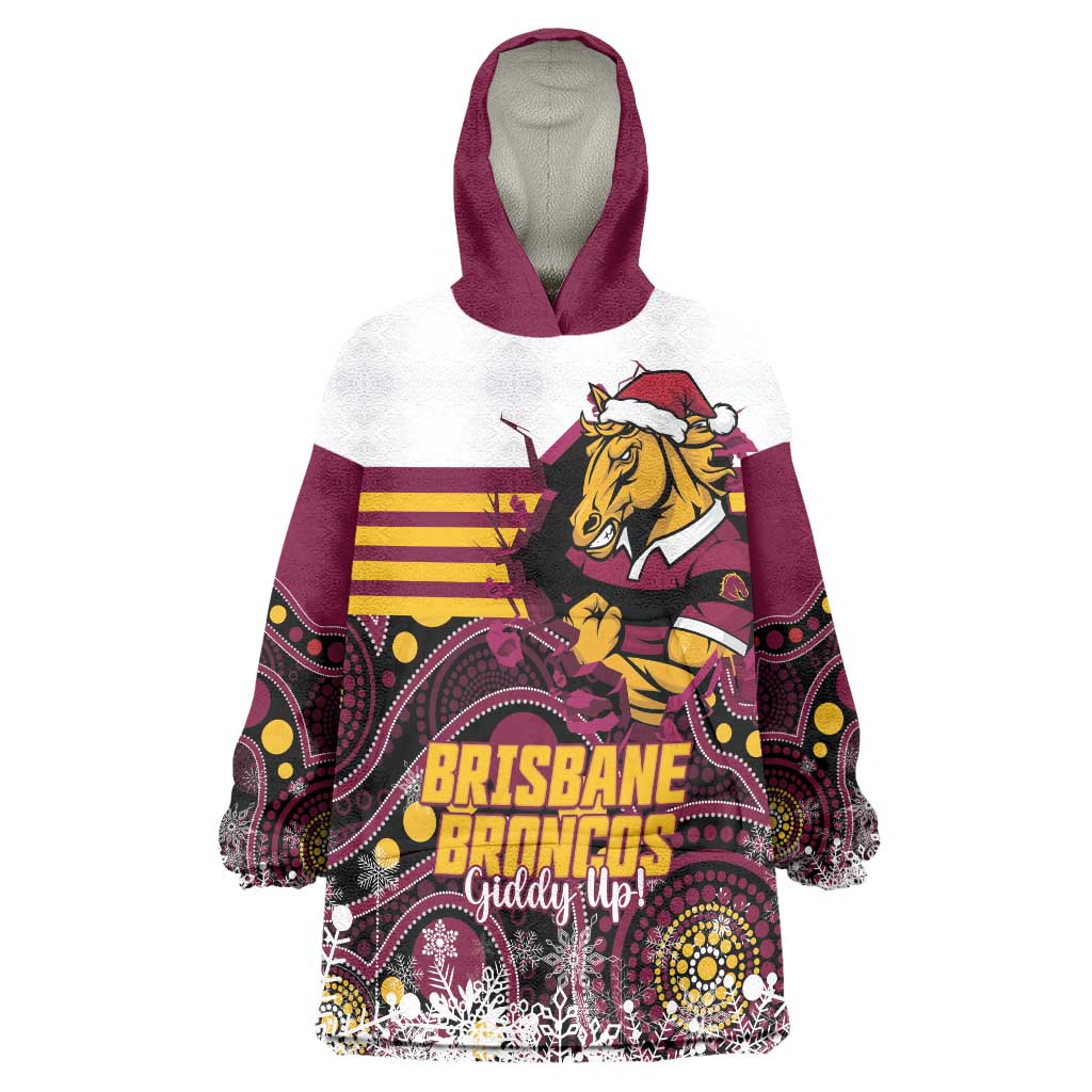 Custom Broncos Rugby Christmas Wearable Blanket Hoodie Brisbane Giddy Up Aboriginal Art - Aussie Hoodie