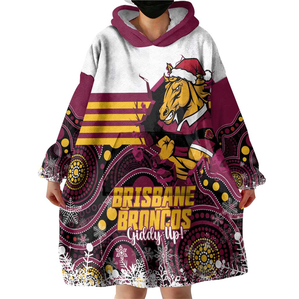 Custom Broncos Rugby Christmas Wearable Blanket Hoodie Brisbane Giddy Up Aboriginal Art - Aussie Hoodie