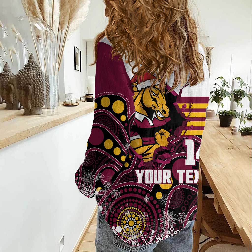 Custom Broncos Rugby Christmas Women Casual Shirt Brisbane Giddy Up Aboriginal Art - Aussie Hoodie