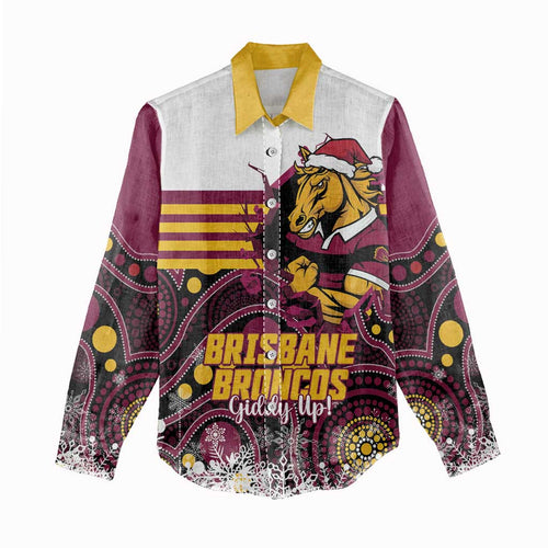 Custom Broncos Rugby Christmas Women Casual Shirt Brisbane Giddy Up Aboriginal Art - Aussie Hoodie