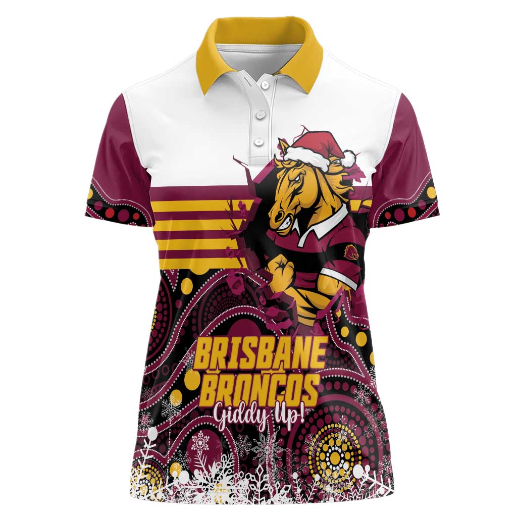 Custom Broncos Rugby Christmas Women Polo Shirt Brisbane Giddy Up Aboriginal Art - Aussie Hoodie