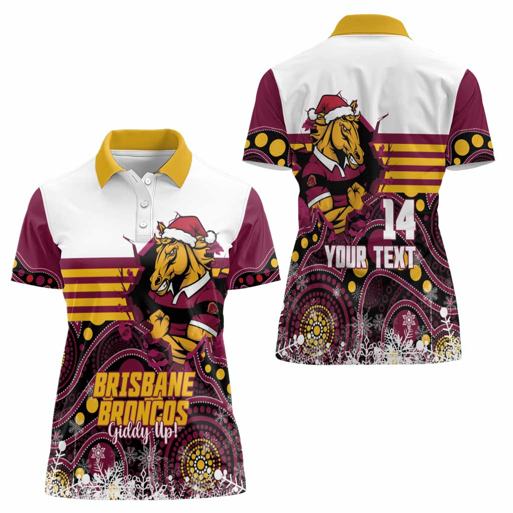 Custom Broncos Rugby Christmas Women Polo Shirt Brisbane Giddy Up Aboriginal Art - Aussie Hoodie