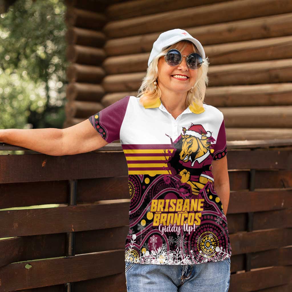 Custom Broncos Rugby Christmas Women Polo Shirt Brisbane Giddy Up Aboriginal Art - Aussie Hoodie