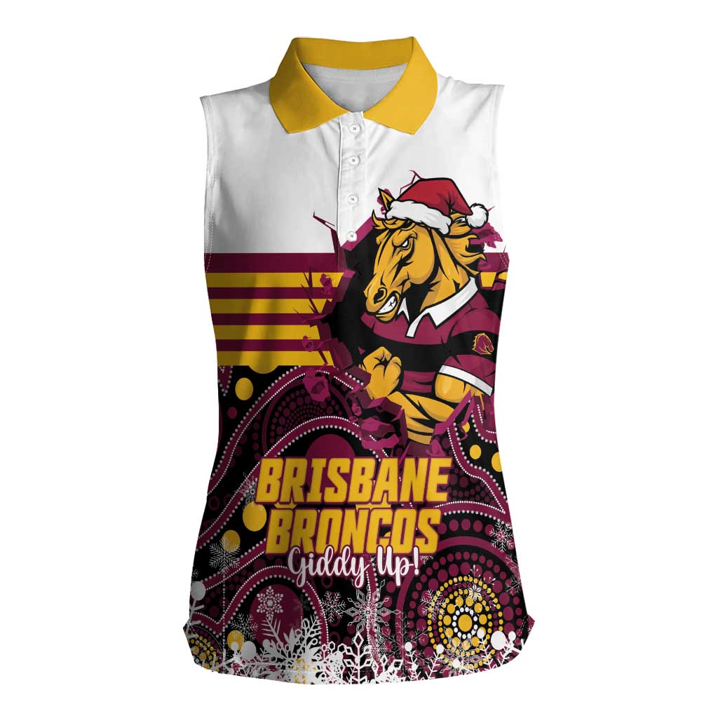 Custom Broncos Rugby Christmas Women Sleeveless Polo Shirt Brisbane Giddy Up Aboriginal Art - Aussie Hoodie