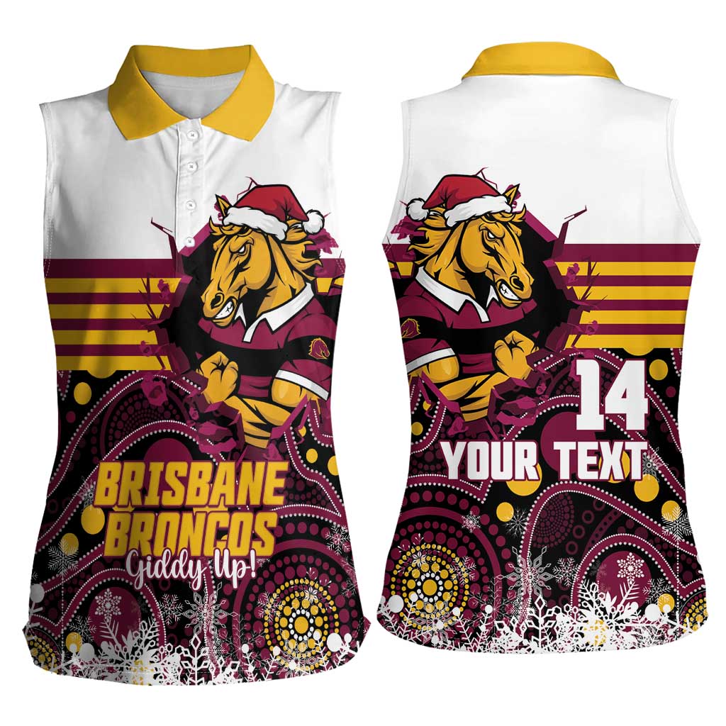 Custom Broncos Rugby Christmas Women Sleeveless Polo Shirt Brisbane Giddy Up Aboriginal Art - Aussie Hoodie