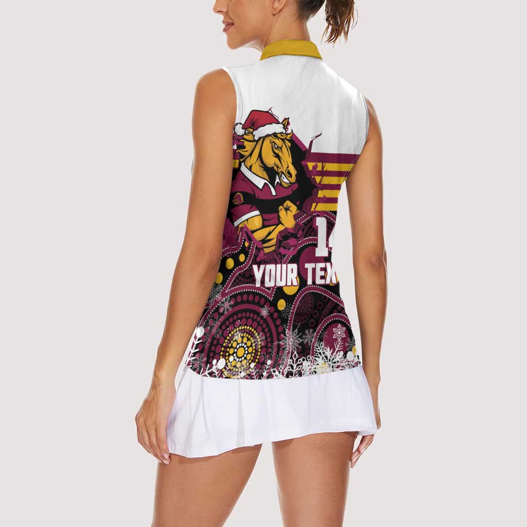 Custom Broncos Rugby Christmas Women Sleeveless Polo Shirt Brisbane Giddy Up Aboriginal Art - Aussie Hoodie