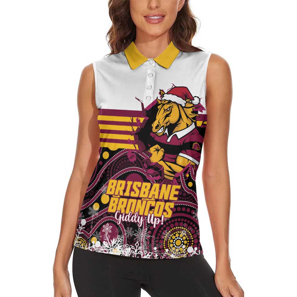 Custom Broncos Rugby Christmas Women Sleeveless Polo Shirt Brisbane Giddy Up Aboriginal Art - Aussie Hoodie
