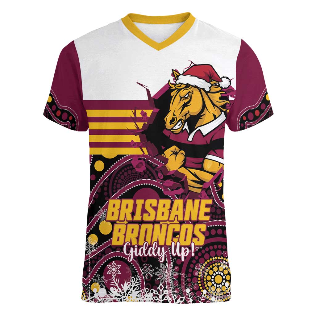 Custom Broncos Rugby Christmas Women V-Neck T-Shirt Brisbane Giddy Up Aboriginal Art - Aussie Hoodie