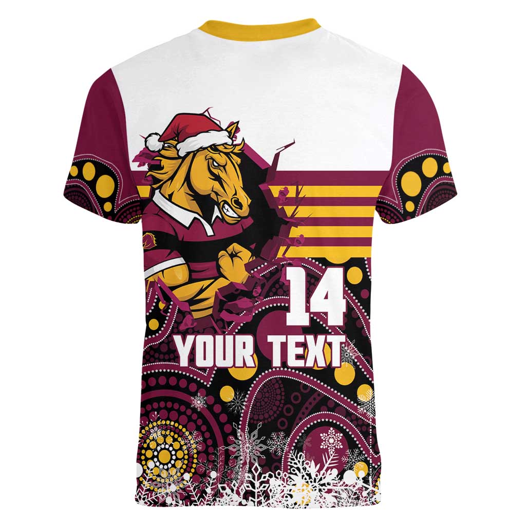 Custom Broncos Rugby Christmas Women V-Neck T-Shirt Brisbane Giddy Up Aboriginal Art - Aussie Hoodie