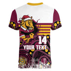 Custom Broncos Rugby Christmas Women V-Neck T-Shirt Brisbane Giddy Up Aboriginal Art - Aussie Hoodie