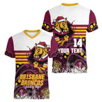 Custom Broncos Rugby Christmas Women V-Neck T-Shirt Brisbane Giddy Up Aboriginal Art - Aussie Hoodie