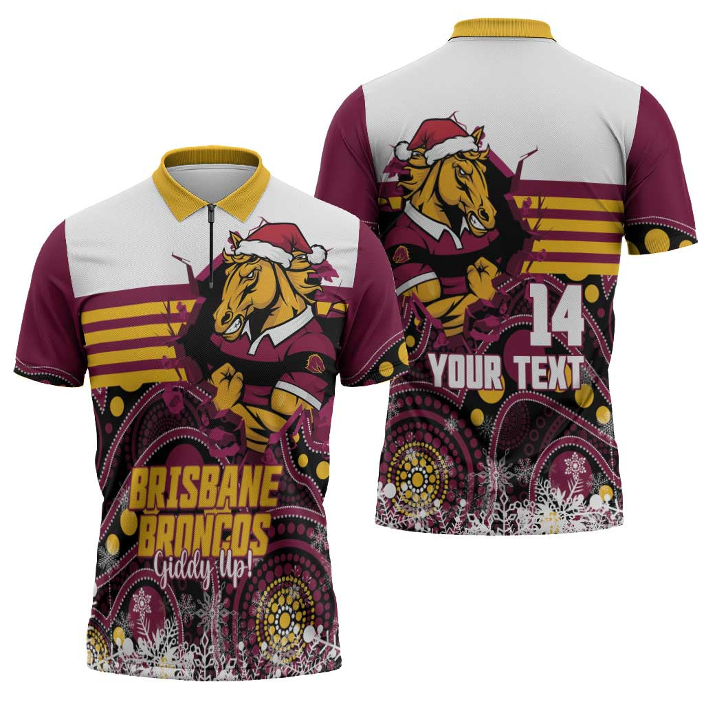Custom Broncos Rugby Christmas Zipper Polo Shirt Brisbane Giddy Up Aboriginal Art - Aussie Hoodie