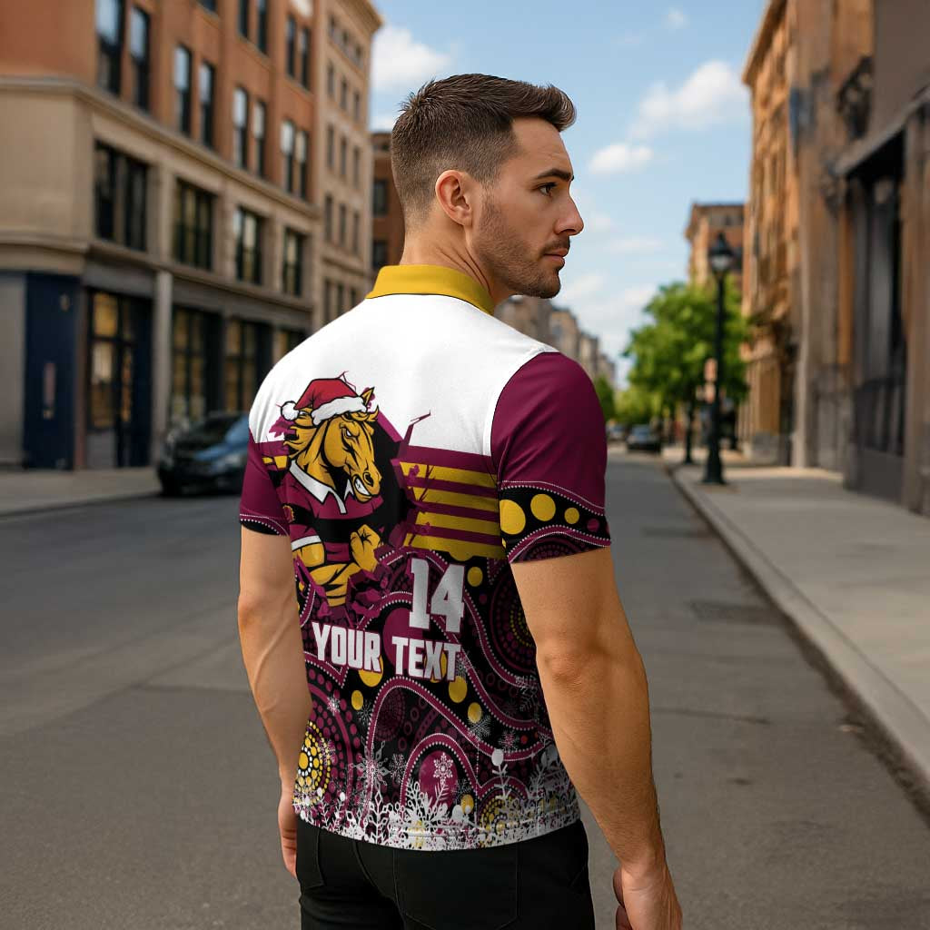 Custom Broncos Rugby Christmas Zipper Polo Shirt Brisbane Giddy Up Aboriginal Art - Aussie Hoodie