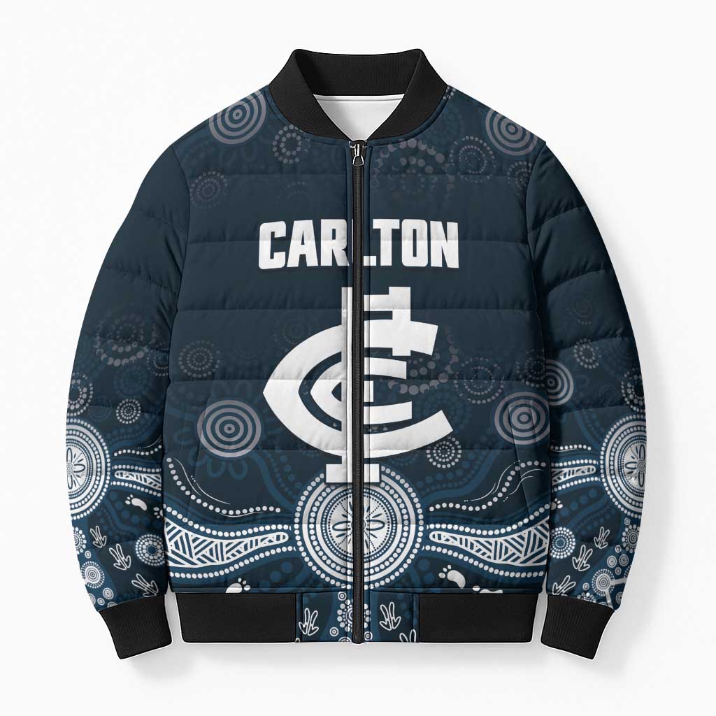 Custom Carlton Football Bomber Puffer Jacket Go Blues Aboriginal Art - Aussie Hoodie