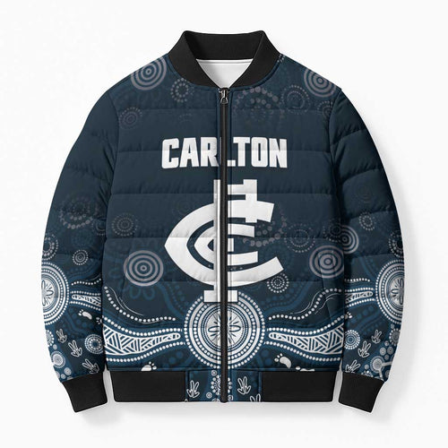 Custom Carlton Football Bomber Puffer Jacket Go Blues Aboriginal Art - Aussie Hoodie
