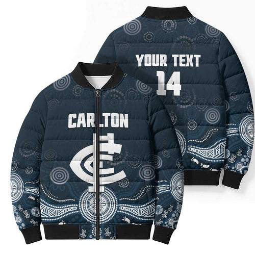 Custom Carlton Football Bomber Puffer Jacket Go Blues Aboriginal Art - Aussie Hoodie