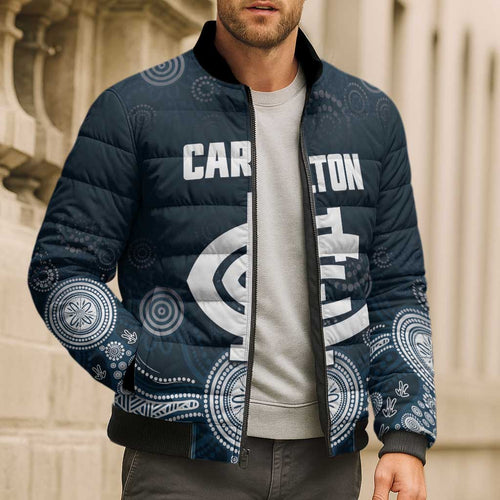 Custom Carlton Football Bomber Puffer Jacket Go Blues Aboriginal Art - Aussie Hoodie