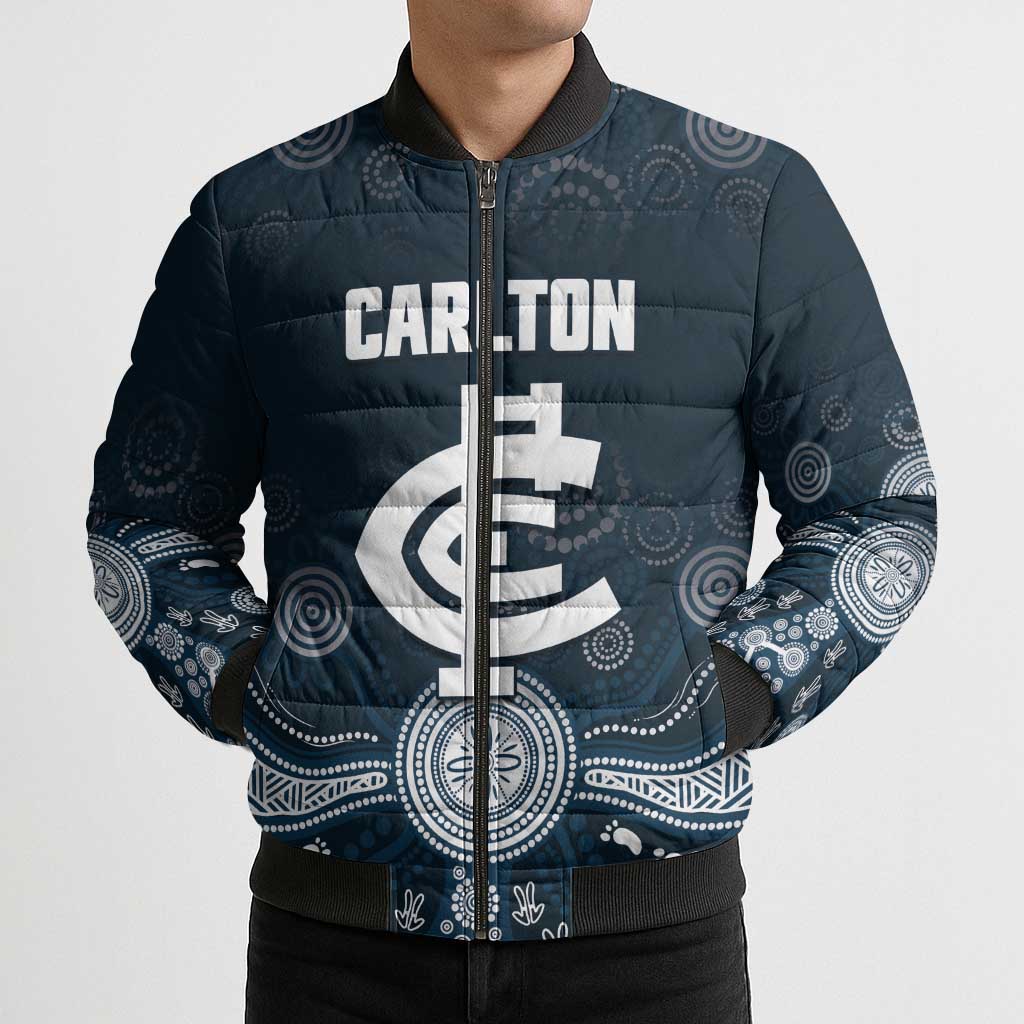 Custom Carlton Football Bomber Puffer Jacket Go Blues Aboriginal Art - Aussie Hoodie