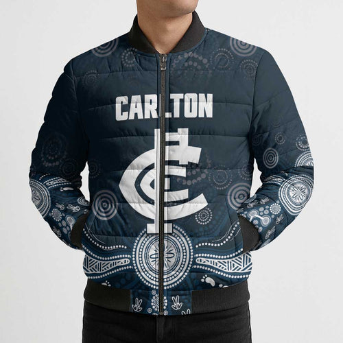 Custom Carlton Football Bomber Puffer Jacket Go Blues Aboriginal Art - Aussie Hoodie