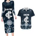 Custom Carlton Football Couples Matching Long Sleeve Bodycon Dress and Hawaiian Shirt Go Blues Aboriginal Art - Aussie Hoodie