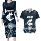 Custom Carlton Football Couples Matching Long Sleeve Bodycon Dress and Hawaiian Shirt Go Blues Aboriginal Art - Aussie Hoodie