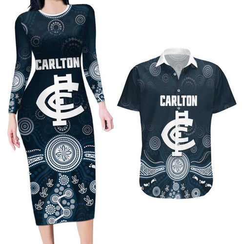 Custom Carlton Football Couples Matching Long Sleeve Bodycon Dress and Hawaiian Shirt Go Blues Aboriginal Art - Aussie Hoodie