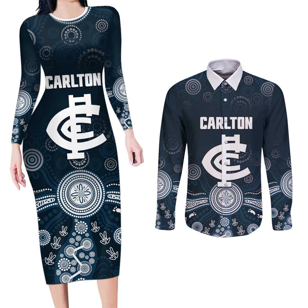 Custom Carlton Football Couples Matching Long Sleeve Bodycon Dress and Long Sleeve Button Shirt Go Blues Aboriginal Art - Aussie Hoodie