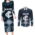 Custom Carlton Football Couples Matching Long Sleeve Bodycon Dress and Long Sleeve Button Shirt Go Blues Aboriginal Art - Aussie Hoodie