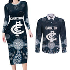 Custom Carlton Football Couples Matching Long Sleeve Bodycon Dress and Long Sleeve Button Shirt Go Blues Aboriginal Art - Aussie Hoodie