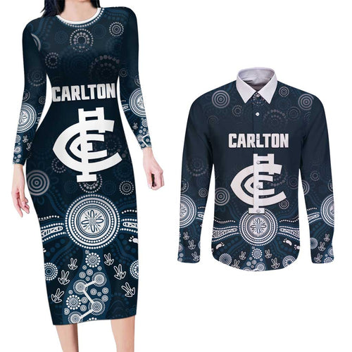Custom Carlton Football Couples Matching Long Sleeve Bodycon Dress and Long Sleeve Button Shirt Go Blues Aboriginal Art - Aussie Hoodie