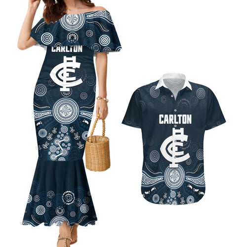 Custom Carlton Football Couples Matching Mermaid Dress and Hawaiian Shirt Go Blues Aboriginal Art - Aussie Hoodie