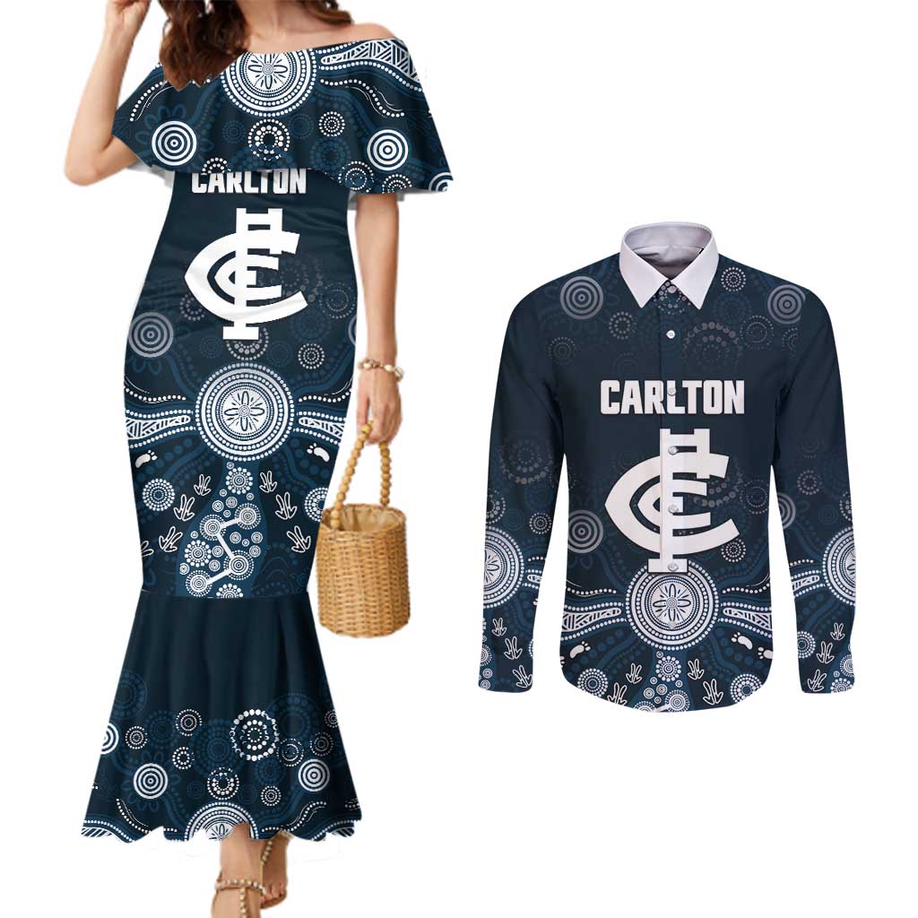 Custom Carlton Football Couples Matching Mermaid Dress and Long Sleeve Button Shirt Go Blues Aboriginal Art - Aussie Hoodie