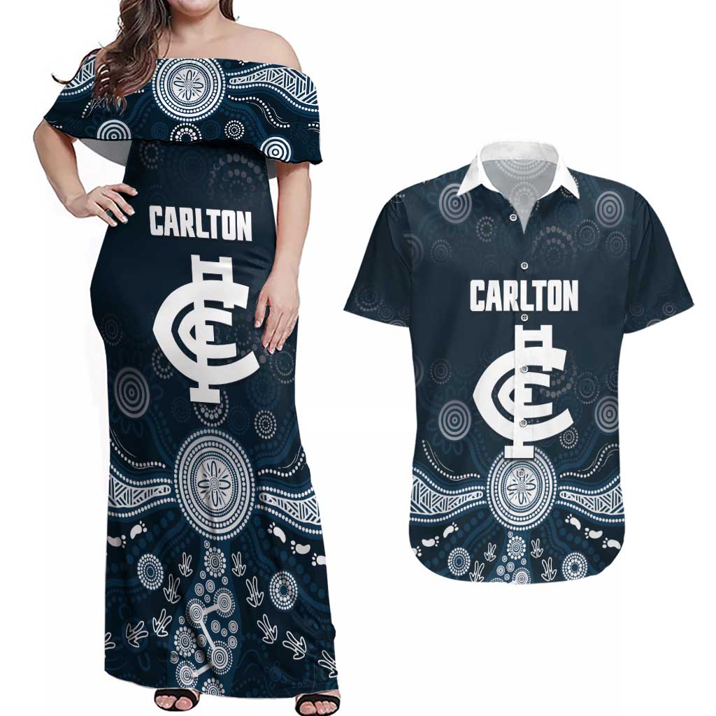 Custom Carlton Football Couples Matching Off Shoulder Maxi Dress and Hawaiian Shirt Go Blues Aboriginal Art - Aussie Hoodie