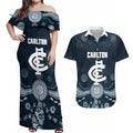 Custom Carlton Football Couples Matching Off Shoulder Maxi Dress and Hawaiian Shirt Go Blues Aboriginal Art - Aussie Hoodie